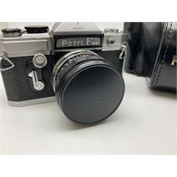 Petri Flex 7 camera body, serial no. 555698, with Perti C.C 1:1.8 f=55mm' lens, serial no. 78253, together with Petri Flex V2 camera body, serial no. 364427, with 'Petti C.C. 1:2 f=55mm' lens, serial no. 137076, in ever ready case