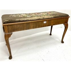 Early 20th century mahogany piano stool, single hinged lid, cabriole  legs on pad feet