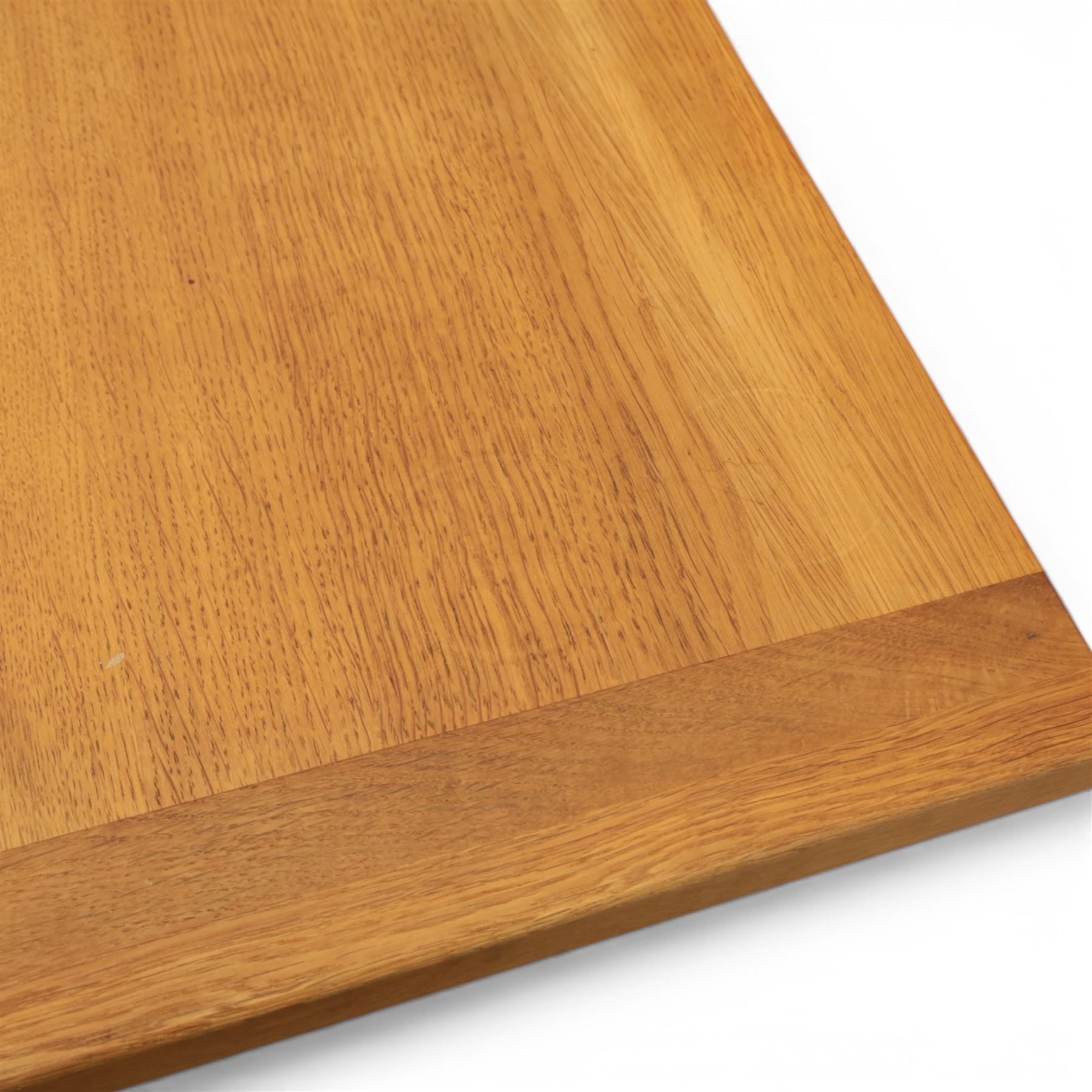 Contemporary square light oak extending dining table, and set of four chairs, table extends to 180cm