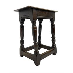 17th century design oak coffin or joint stool, moulded rectangular top over moulded frieze rails, raised on turned supports united by stretchers