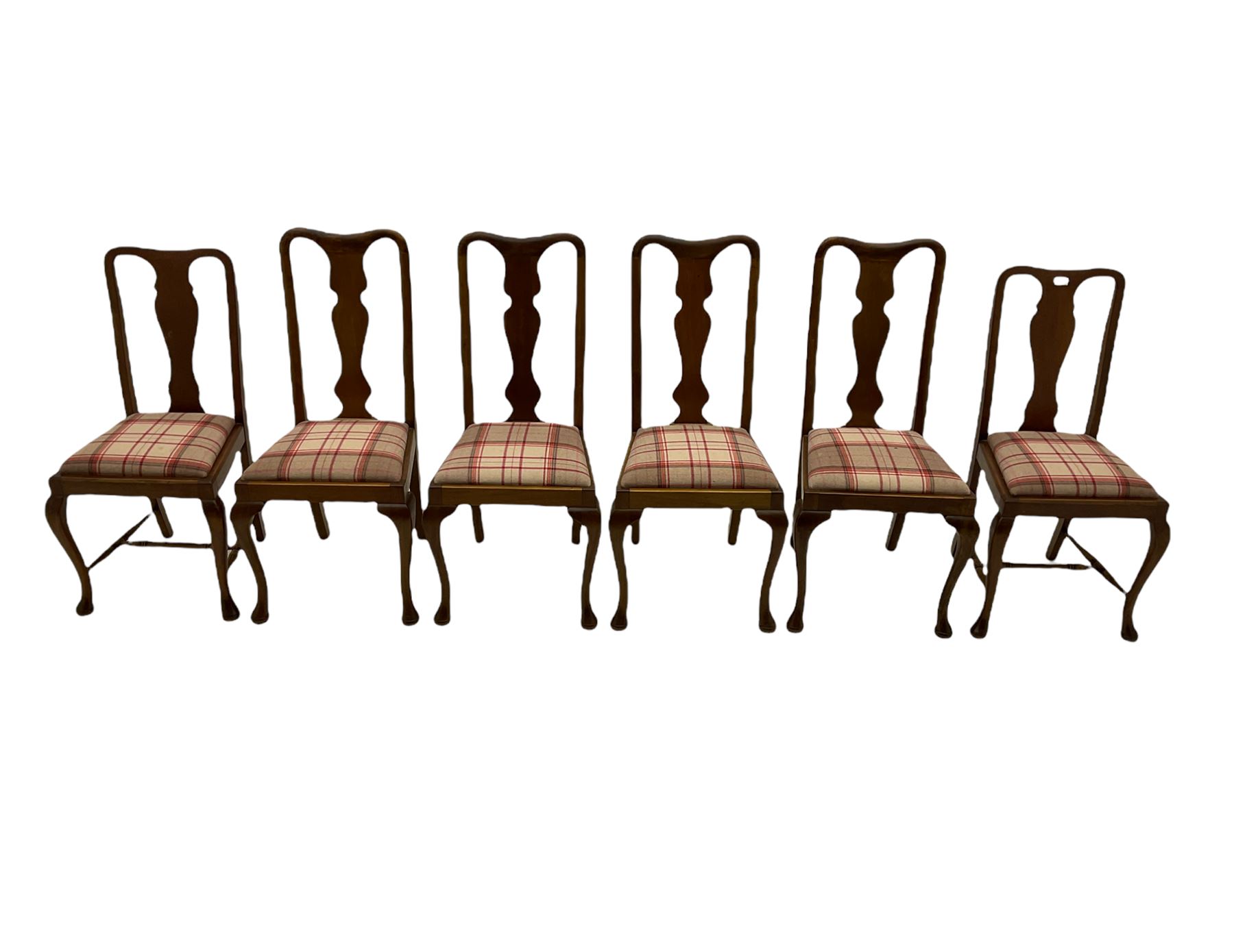 Mixed set of twelve early 20th century mahogany Queen Anne style dining chairs, all with shaped vase backs and cabriole front supports, matching drop-in seats upholstered in tartan patterned fabric
