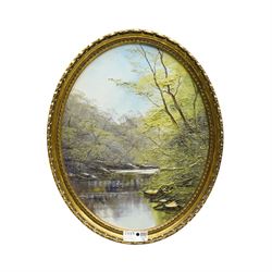 Terence 'Terry' Evans (British 1943-): Tree Covered River Landscape, pair oval oils with impasto on canvas signed 49cm x 39cm (2)
Provenance: with Newquay Galleries