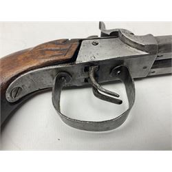19th century Belgian double barrel side by side percussion pistol, approximately 40 calibre, with 8cm octagonal barrels, and wooden stock L22cm