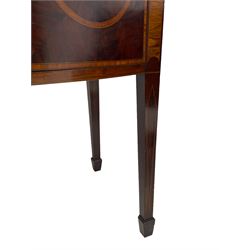 George III inlaid mahogany bow-front sideboard, figured top with satinwood crossbanding, central drawer over tambour front cupboard with fan inlaid spandrels, flanked by two cupboards, on square tapering supports with spade feet, inlaid throughout with satinwood banding and panels 