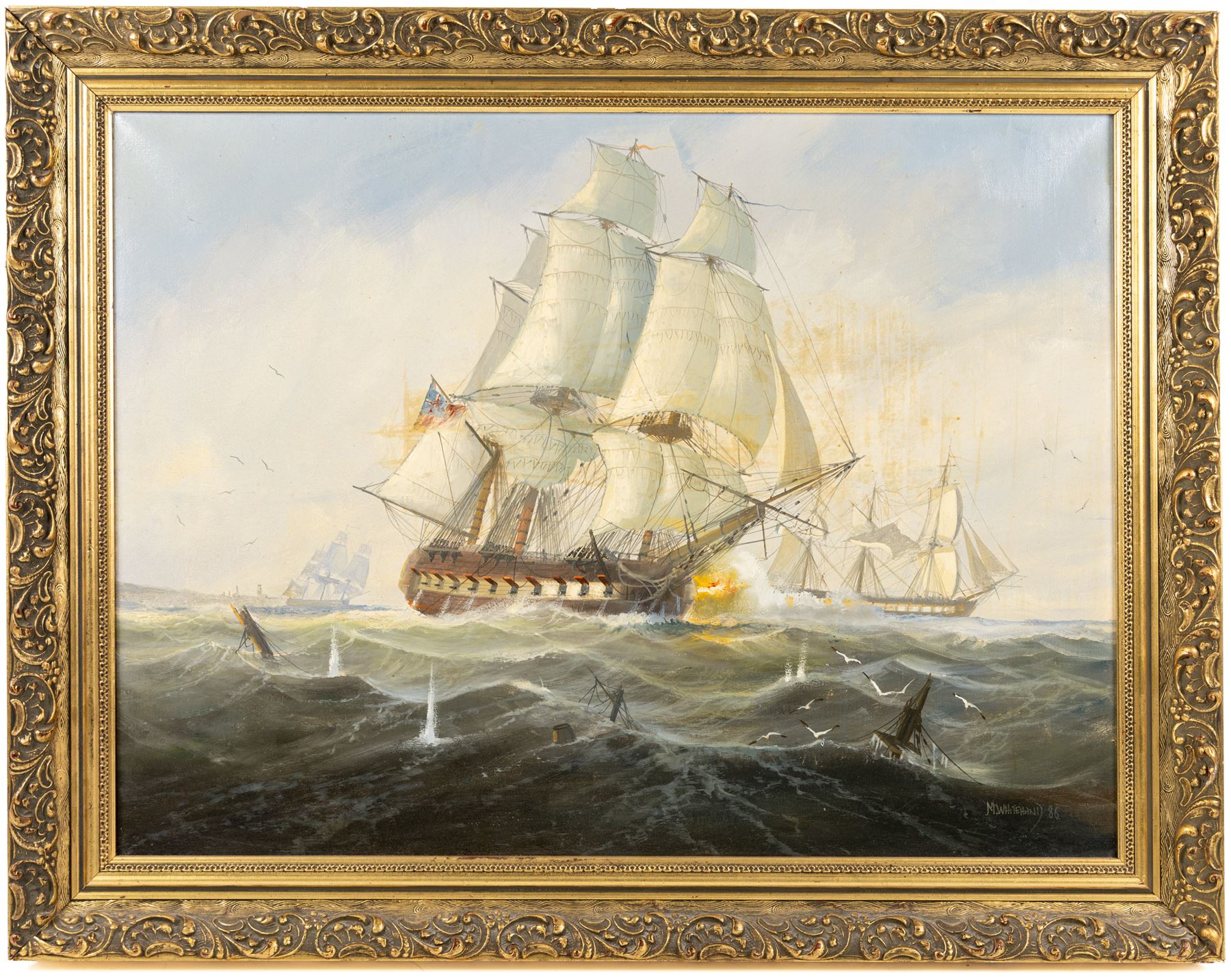 Michael J Whitehand (British 1941-): Sailing Galleons with View of Sinking Ship, oil on canvas signed and dated '86, 45cm x 60cm