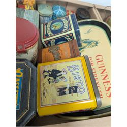 Collection of advertising tins, including Bisto and Cadburys, together with a Guinness 'For Strength' metal tray, brass measures, glass bottles, Royal Crown Derby cat paperweight, etc