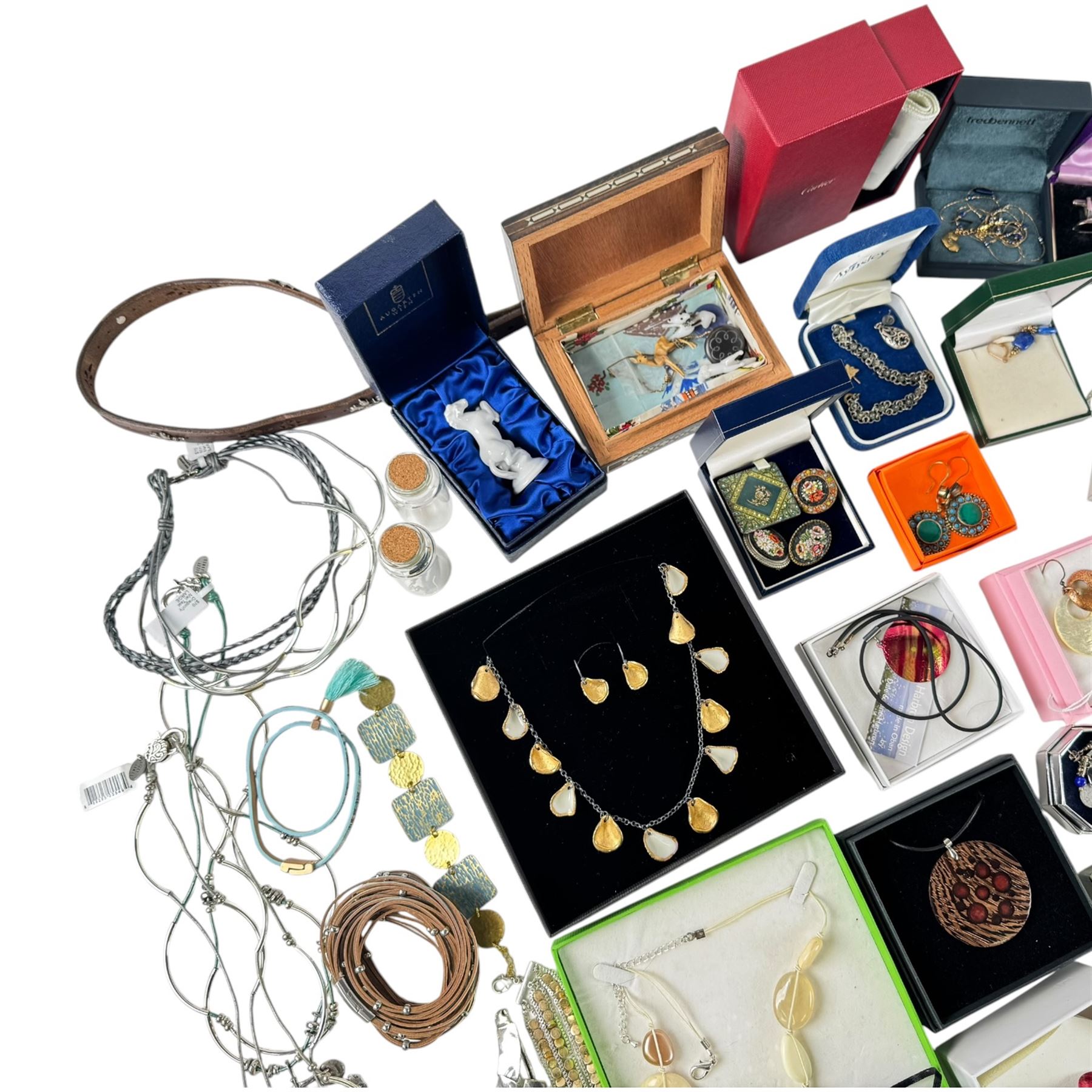 9ct gold stud, silver earrings and a collection of beaded necklaces, bracelets and other costume jewellery, Augarten Wien horse, etc