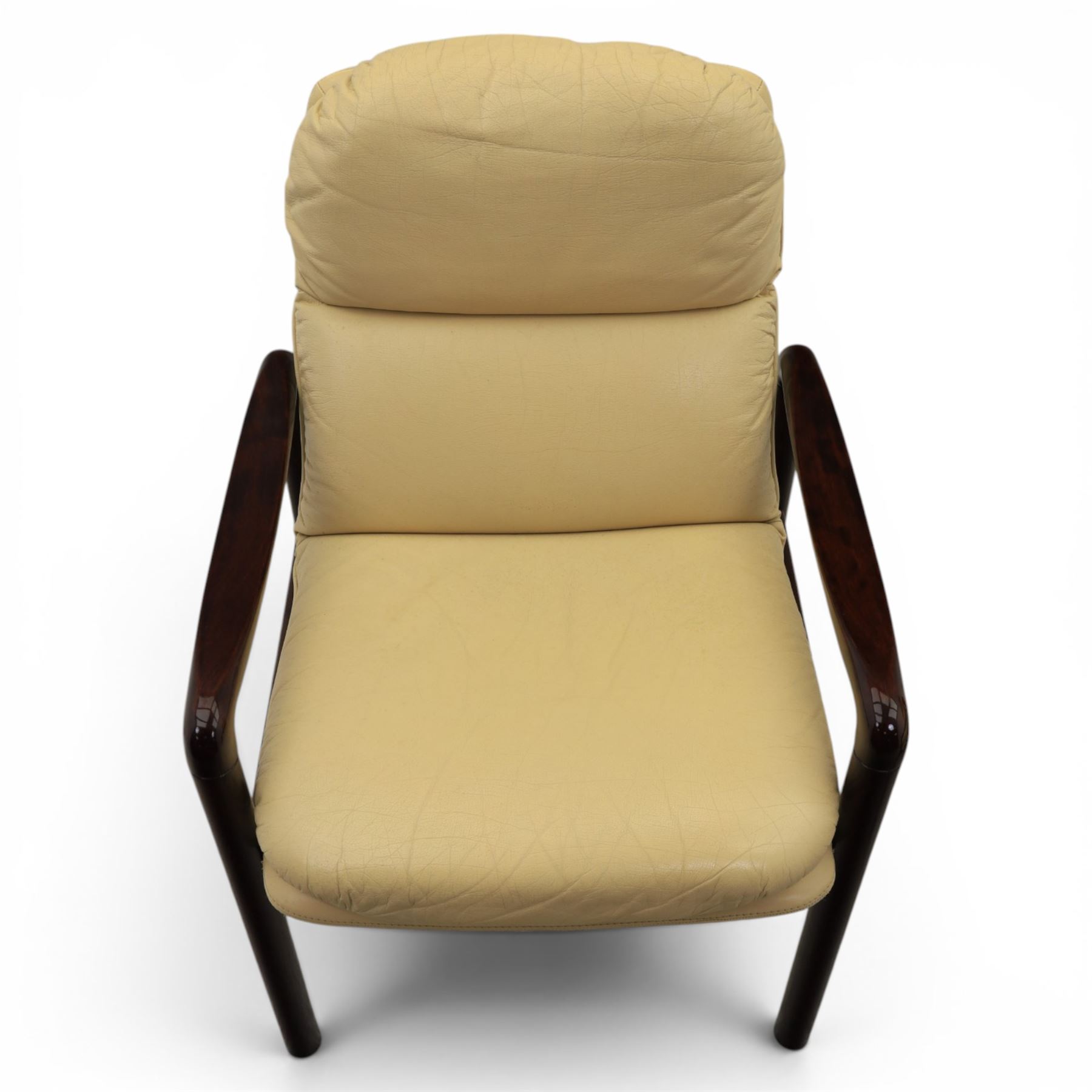Dyrlund - pair of visitor chairs, solid Santos rosewood frame, rounded edges and broad armrests, seat and backrest with a removable cream leather over-stuffed cushions