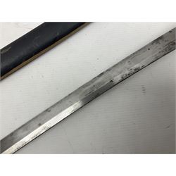 Good quality Japanese sword blade with later WWII fittings and scabbard  - 67.5cm slightly curving blade with unmarked tang, plain iron tsuba and lacquered grip with copper mounts; in lacquered wooden scabbard with tape bound tip L94cm overall