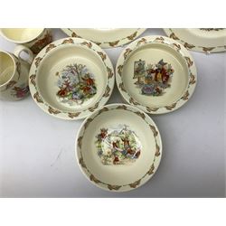 Royal Doulton Bunnykins ceramics, comprising two baby bowls, twin handled cup, two plates, money box, cup, bowl and spoon (9)