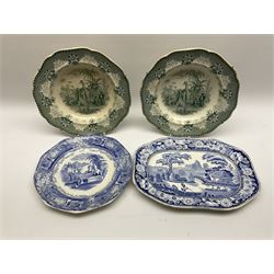 A pair of John Ridgway soup bowls, transfer printed in green with the Giraffe pattern, together with a group of other 19th century blue transfer printed wares, including a pair of Walmer pattern dinner plates. 