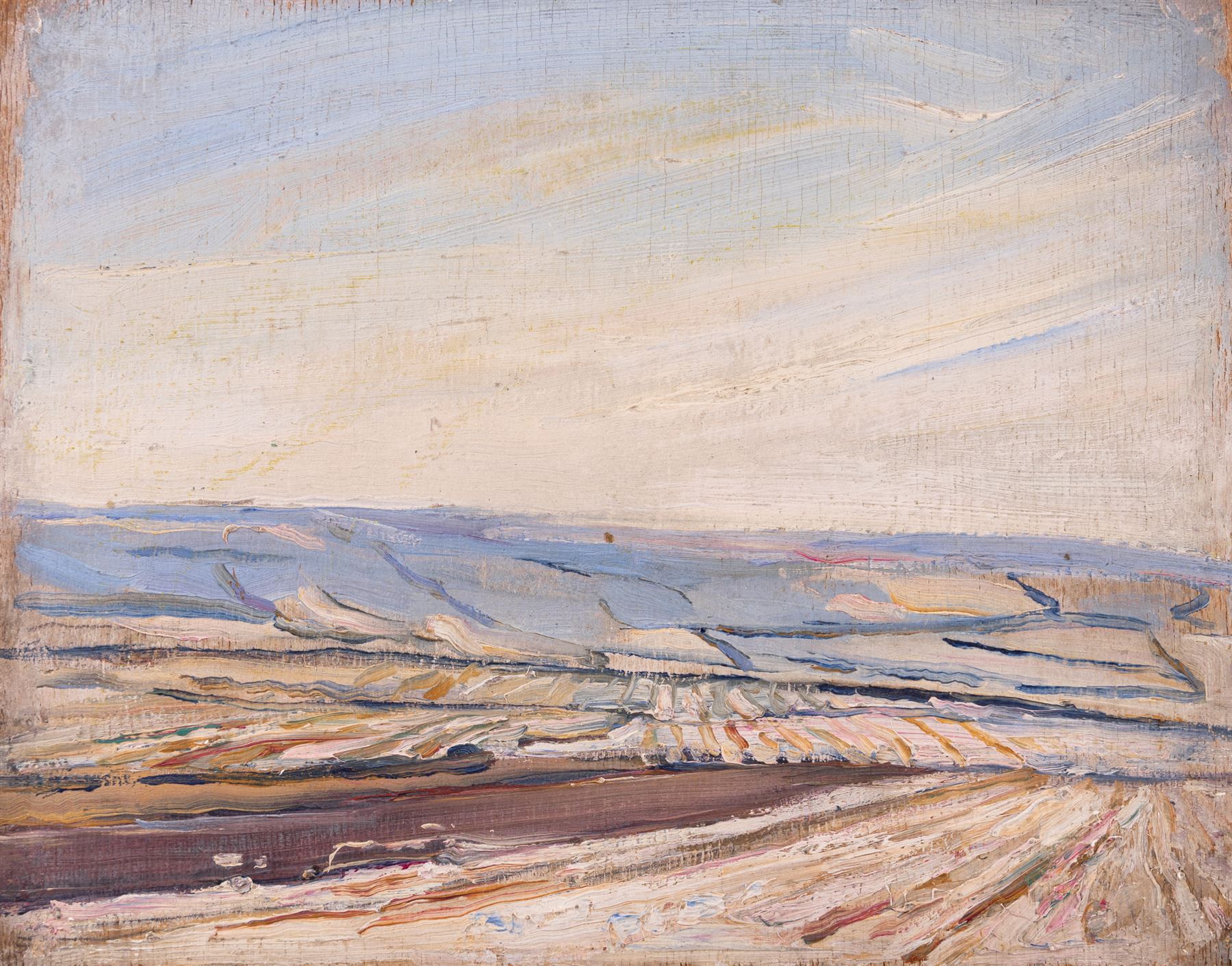 Florence Adelina Hess (Staithes Group 1891-1974): Landscape above Runswick, oil on panel unsigned 21cm x 27cm 
Provenance: from the collection of Doris Bilbrough (née Sykes), cook to the Hess household in the 1930s, thence by descent through the family.
