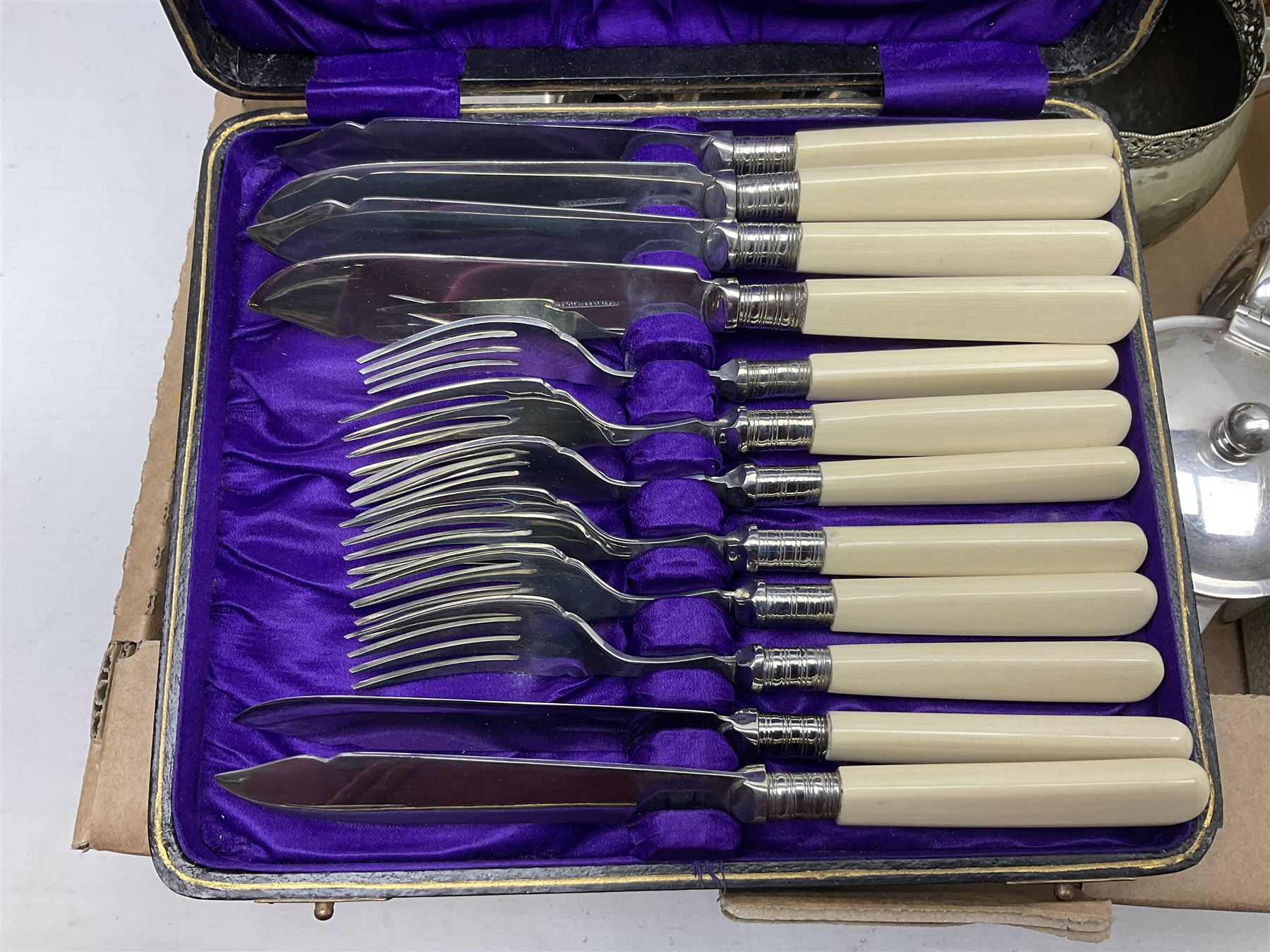 Collection of silver plate to include teapots, coffee pots, milk jug, sucrier, serving spoons, etc, together with pewter tankards 