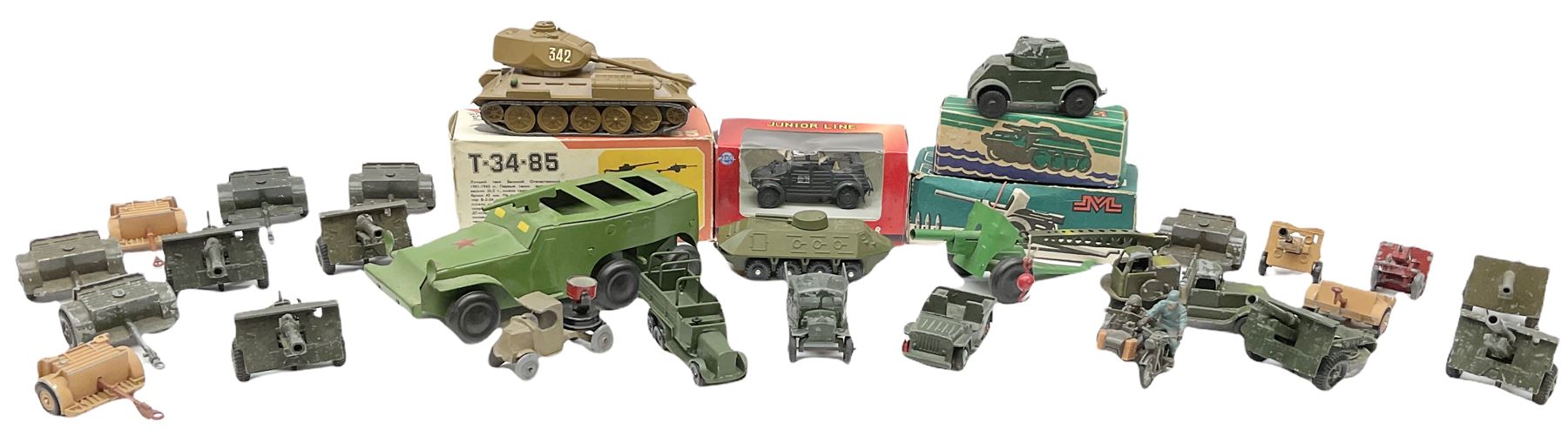 Various Makers - military vehicles comprising Schuco Kubelwagen and two Russian tanks, all boxed; and quantity of unboxed and playworn models including five Crescent Field Guns and Ammunition Limbers, Crescent Heavy Rescue Crane, Johilco Mobile Searchlight, Britains German Army BMW Combination, two Skybirds trucks etc; and a tin-plate armoured car.