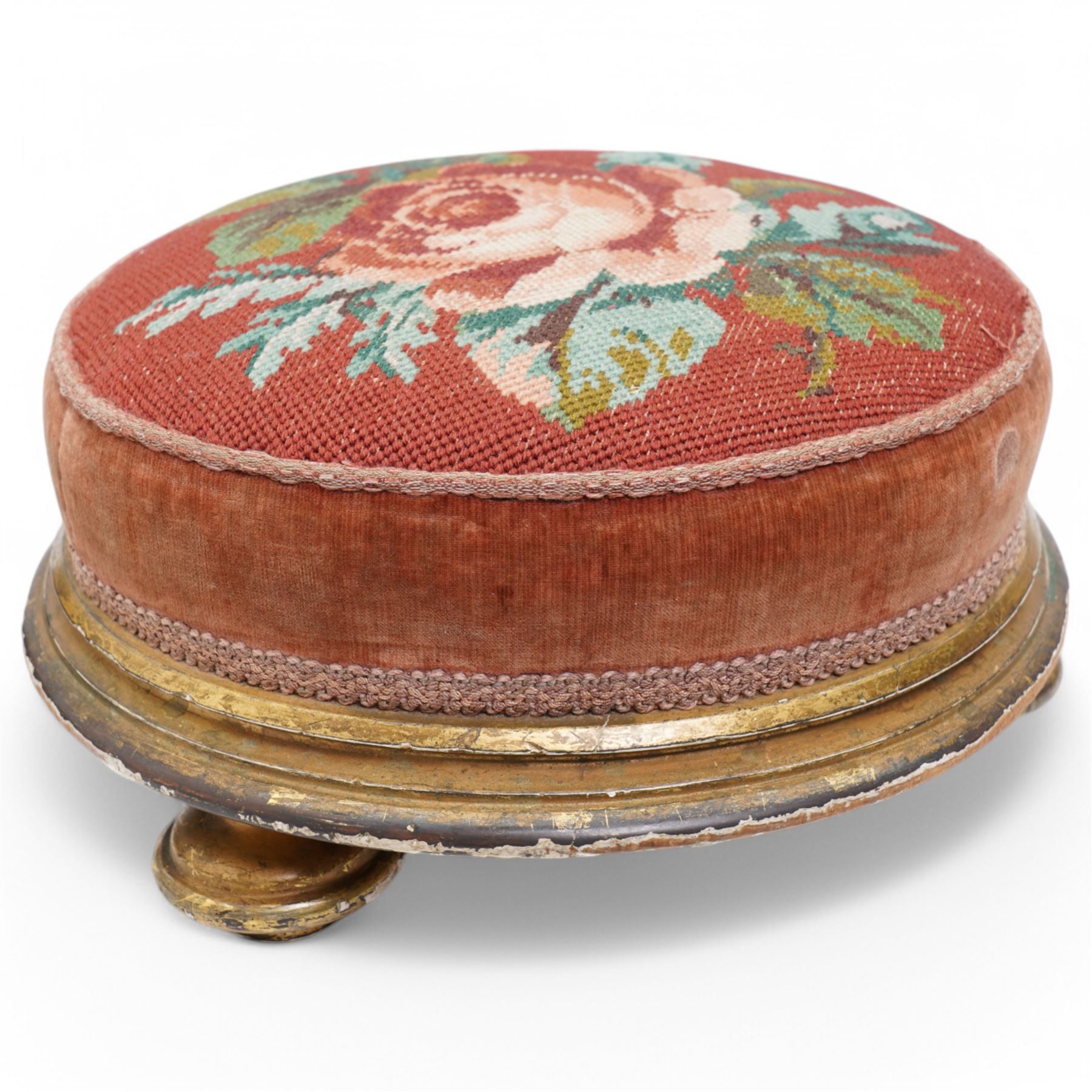 Victorian gilt wood circular footstool on compressed feet and with upholstered top, the base with an old label D32cm and one other Victorian footstool (2) 