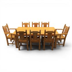 Contemporary solid oak dining table, and set of eight chairs, rectangular plank top with c...