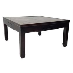 Fine 19th century Chinese Qing dynasty hmong wood mahjong or coffee table, Ming design, square top with raised moulded lip, each side fitted with small drawer, on square supports with hoof feet