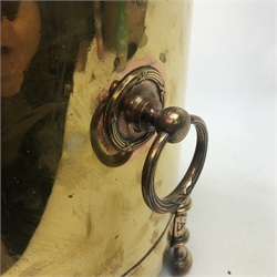  Early 20th century copper and brass coal bin and cover of cylindrical form, ribbon reeded detailing and ring drop handles, H41cm  