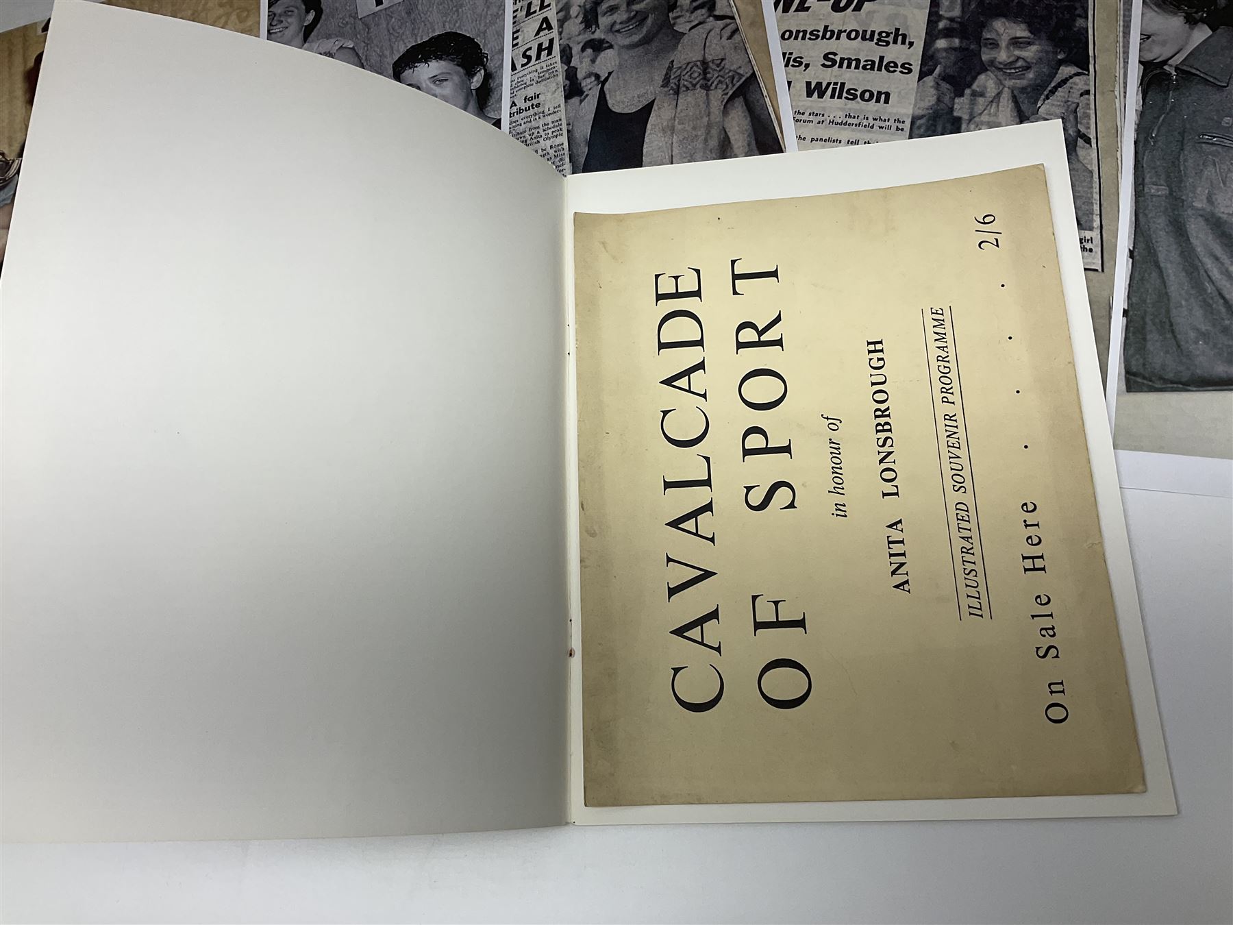 On the direct instructions of Anita Porter nee Lonsbrough Great British Olympic and Commonwealth Games gold medal winning swimmer - collection of early and international memorabilia comprising original Huddersfield Bath Club track suit top bearing eight stitched on cloth badges including British Empire & Commonwealth Games 1958 England Team, YSASA, North Eastern Counties ASA, ESSA Division 3,  English Schools Swimming Association winner etc
The swimming costume Anita wore at the 1958 Commonwealth Games in Cardiff, her first major championships, where she won two gold medals. The grey elastic on the sides, in those days, she would use to make it tighter and more streamlined.
Blue track suit from the 1960 Olympics which she wore on the podium receiving the gold medal.
1960 pool side towelling robe used at the Rome Olympics (interesting to note her name is spelt wrong on the embroidered label).
1962 Commonwealth Games pool side towelling robe used in Perth Australia when winning three Gold medals. 
It was also this year she became BBC Sports Personality of the year, the first female to do so.
Her 'lucky' pool side towel which she took with her to every event she competed in and which can be seen round her neck in many official celebratory photographs. Copies of some of these photographs are included for identification.
In addition there are two souvenir programmes of an evening event to honour Anita at The Theatre Royal Huddersfield and she has kindly signed the front cover on one of these.