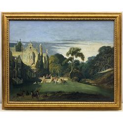 English School (19th century): The Regency Hunting Party outside a Jacobean Manor, oil on canvas unsigned 70cm x 90cm 
Notes: the manor's composition appears to be copied from Samuel Reed's 'Prodigal Son' 