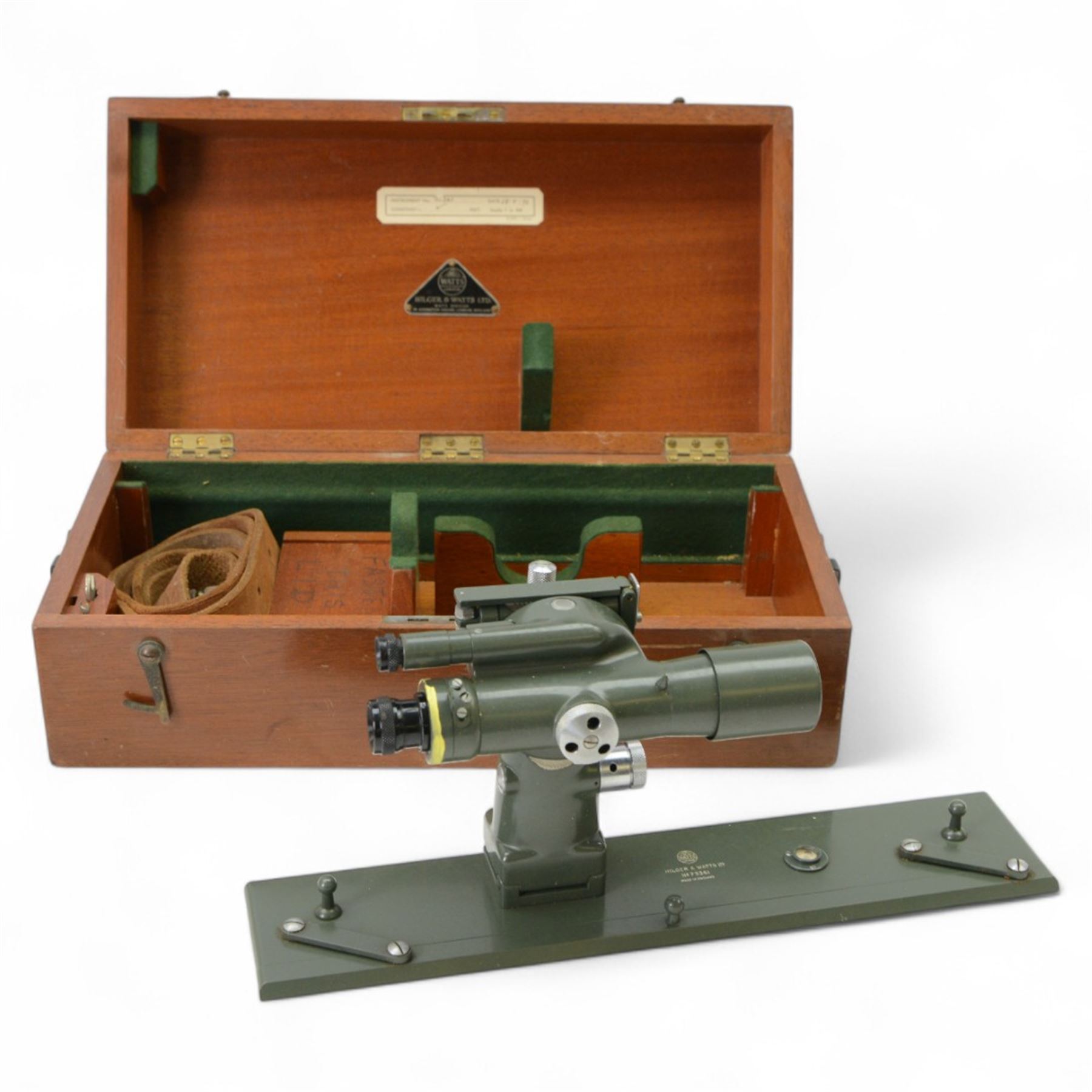Microsurvey Tracker, Wild GPR 1 prism, Hilger & Watts Ltd theodolite no. 73361 and a Stanley theodolite no. 58470, both in fitted wooden cases