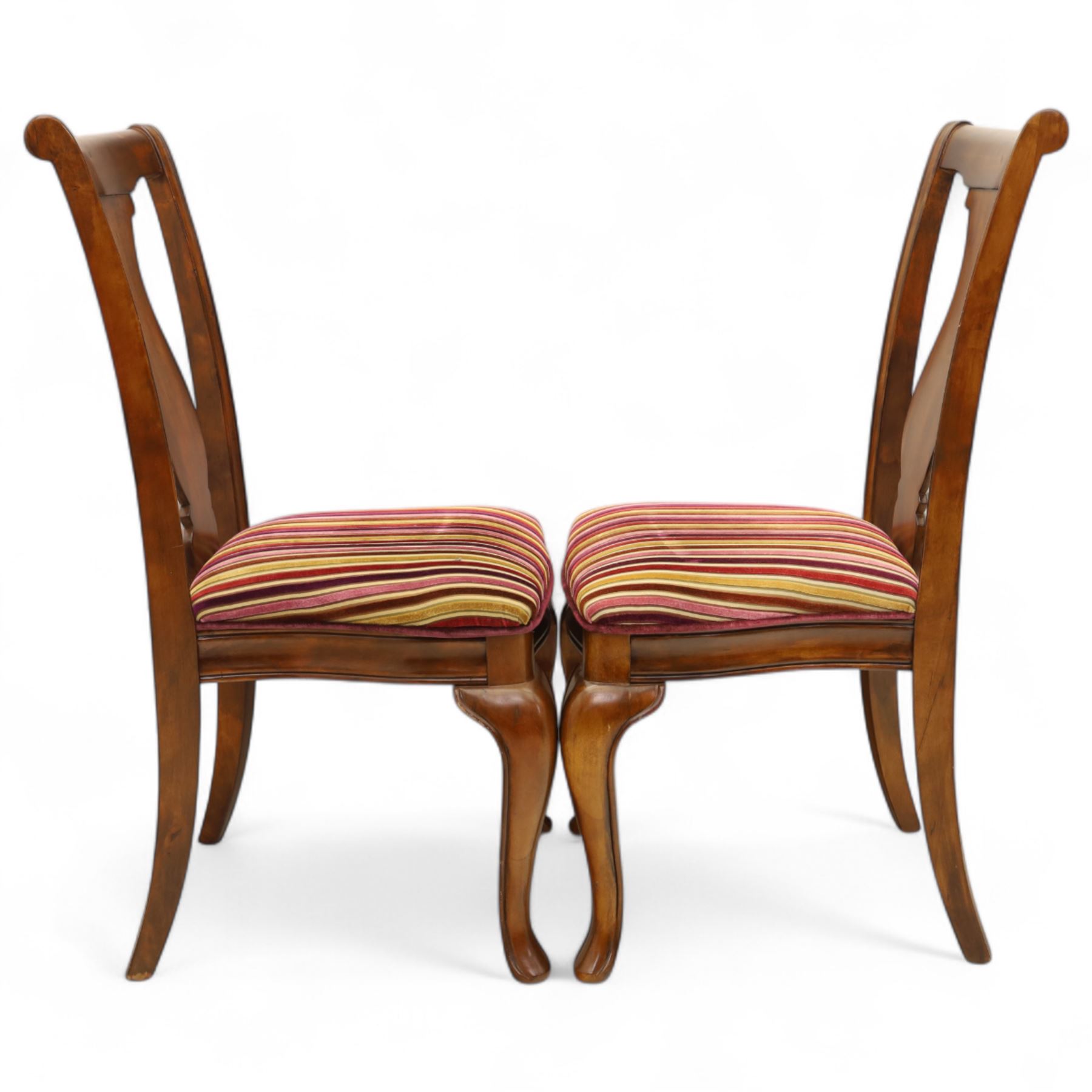 Willis & Gambier - mahogany extending dining table, rectangular top with rounded corners on cabriole legs, with two 35cm extension leaves, four Willis & Gambier upholstered high back chairs and four mahogany chairs, upholstered in a stripped multi-coloured velvet fabric, with scroll-shaped top rail, lyre-shaped back splat on cabriole legs, chairs W46xD91x97cm (11) 
