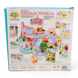 Bluebird Polly Pocket 1991 Dream World playset, with six original dolls and  pig, dog, pony, pink car and yellow canoe accessories, in original box, together with 1996 Bluebird Polly Pocket Magical Movin' Pollyvillle Playset, with five original dolls including magnetic Polly and eight dresses and a boxed 1991 Let's Party Board Game