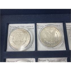 Twelve United States of America silver Morgan dollar coins, dated 1878 S, 1879 S, 1880 S, 1881 S, 1882 O, 1883 O, 1884 O, 1884 CC, 1885 O, 1886, 1887 and 1888
