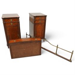 19th century mahogany Hepplewhite design pedestal sideboard or pair of bedside pedestals, each pedestal fitted with two drawers and cupboard, decorated with figured panelled doors and ebony stringing, curled leaf carved mounts over reeded half columns, on turned feet 