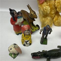 Painted lead animals, including a lion, camel and kangaroo, other toy figures and a vintage teddy bear