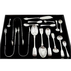 Three pairs of Victorian silver sugar nips and a collection of Victorian and later silver flatware, all hallmarked, approx 8.5oz