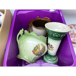 Collection of planters and stands, together with a wash basin and jug depicting pheasant decoration etc in two boxes