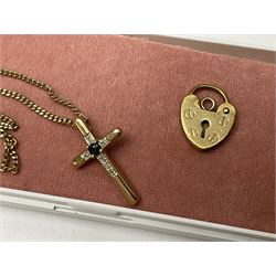 9ct gold diamond and sapphire cross pendant necklace, 9ct gold heart clasp and a silver charm bracelet 