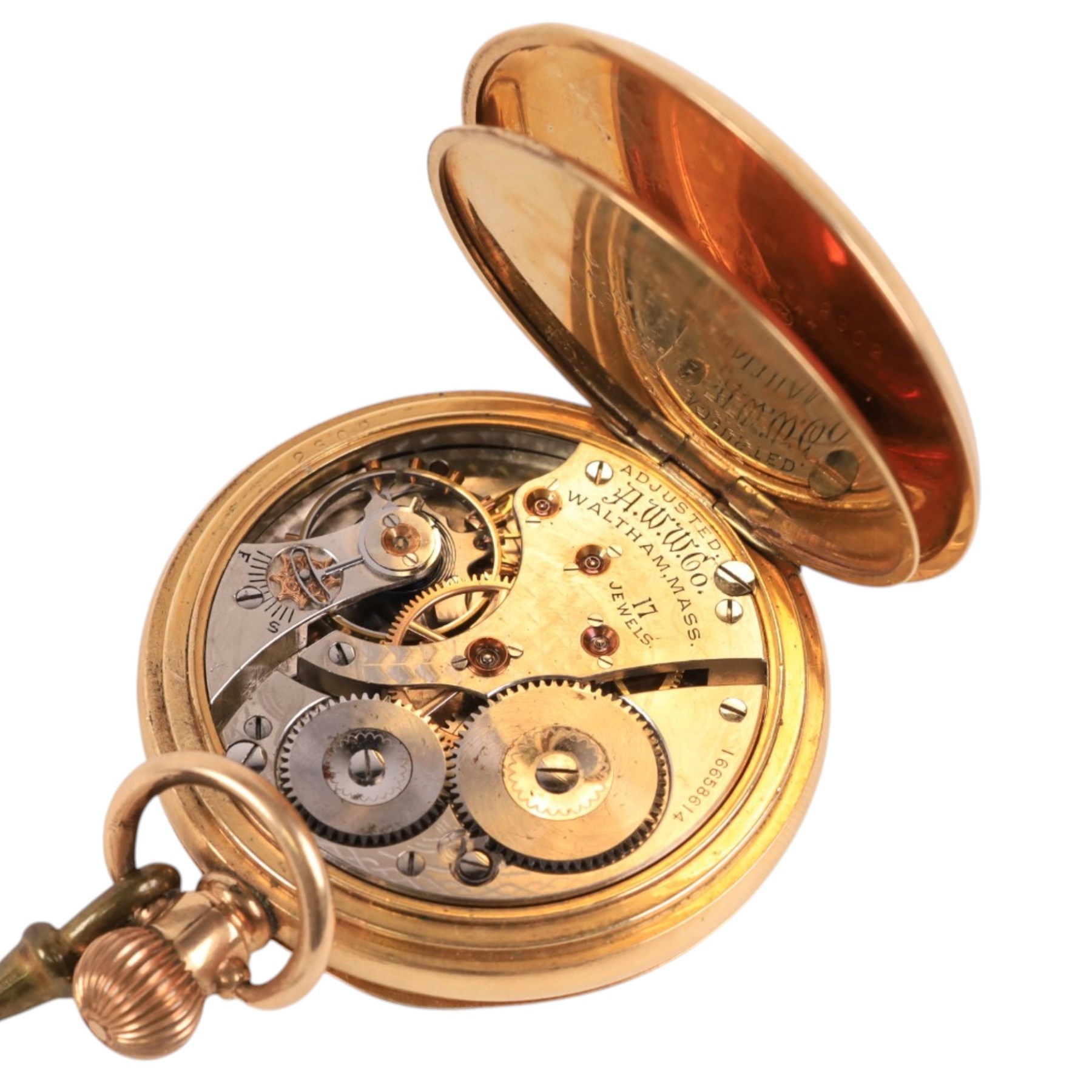 Early 20th century gold-plated keyless lever pocket watch by American Watch Company, Waltham, on 9ct gold chain, with gilt clip