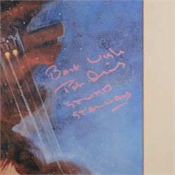 Autographed 1980s Star Wars Empire Strikes Back movie poster, with artwork by Tom Jung, with signatures including Michael Sheard (Admiral Ozzel), Koo Stark, Caroline Blakiston (Mon Mothma), Shelagh Fraser (Aunt Beru), Mike Edmonds (Logray), Peter Mayhew (Chewbacca), Jeremy Bulloch (Boba Fett), Stuart Freeborn (Creature Designer), Warwick Davies (Wicket), Michael Carter (Bib Fortuna), Dave Prowse (Darth Vader), Kenny Baker (R2D2), signatures and poster obtained at the Dave Prowse Promotions Mulitcon Event 1998 at The Norbreck Caste Hotel, Blackpool, in glazed black frame, frame H115cm