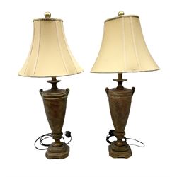 Pair of table lamps decorated with gold crackle effect design, upon stepped bases, with fabric shades, H86cm