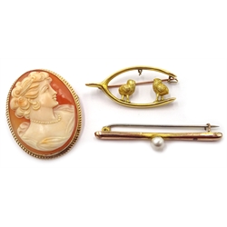  9ct gold wishbone chicks brooch, cameo hallmarked 9ct and pearl bar brooch stamped 9ct  