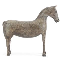 Carved Folk Art wooden horse, with glass eyes, H33cm