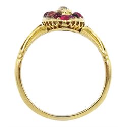 Victorian 18ct gold marquise shaped old cut diamond and cabochon garnet cluster ring, stamped