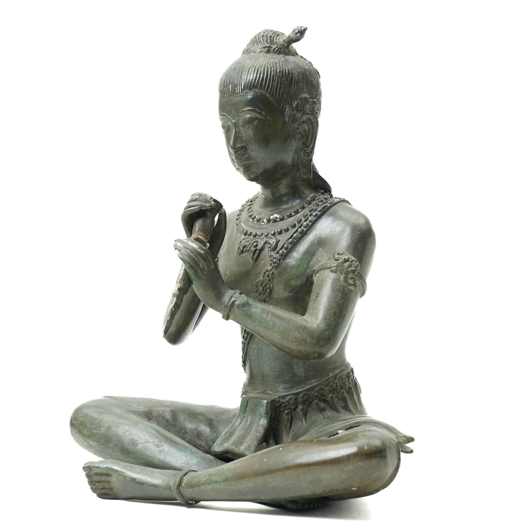 Early 20th century South East Asia bronze figure seated in the lotus position holding a dagger H28cm 