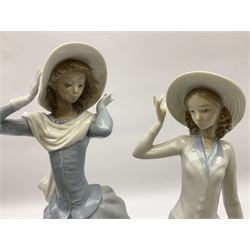 Three Lladro figures, comprising, Dreams of Summer Past no 6401, Spring Breeze no 4936 and Breezy Afternoon 5682 together with Lladro plaque Art Brings us Together no 7677, all in original boxes, largest example H35cm