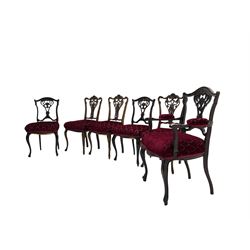 Late 19th century matched walnut salon suite - shaped cresting rails over pierced and carved splats, all upholstered in foliage patterned fabric, cabriole supports, five side chairs and one elbow chair