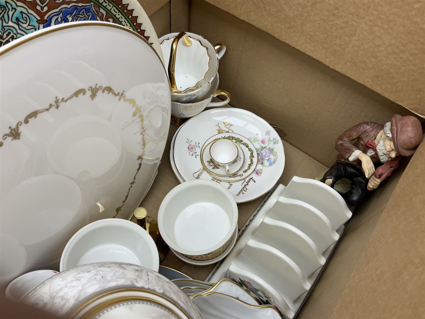 Royal Worcester Gold Chantilly pattern dish, Royal Doulton Naples pattern teapot, Beswick dogs (a/f), other ceramics and glassware to include Royal Doulton etc, die-cast to include Corgi etc, together with a quantity of cds, in five boxes