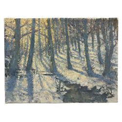 William Burns (British 1923-2010): 'Blue and Gold - the Wood in Winter', oil on canvas laid on board signed, titled verso 26cm x 35cm (unframed)
Provenance: direct from the artist's family. Born in Sheffield in 1923, William Burns RIBA FSAI FRSA studied at the Sheffield College of Art, before the outbreak of the Second World War during which he helped illustrate the official War Diaries for the North Africa Campaign, and was elected a member of the Armed Forces Art Society. On his return to England, he studied architecture at Sheffield University and later ran his own successful practice, being a member of the Royal Institute of British Architects. However, painting had always been his self-confessed 'first love', and in the 1970s he gave up architecture to become a full-time artist, having his first one-man exhibition in 1979.