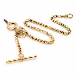 Early 20th century 9ct gold roller link Albert chain, with a bloodstone intaglio engraved ...