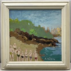 Paul W Ozere (Cornish 20th century):  Adam and Eve, Bathers, View Towards the City, Breaking the Bank, Beneath the Wave and Watcher, six oils on canvas signed max 39cm x 39cm (6)