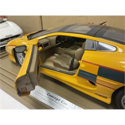 Two Maisto 1:12 scale Jaguar XJ220 scale cars comprising 1992 ‘Concept Car’ West Midlands Police car and 1994 ‘Jag 999’ Thames Valley Police Traffic Car, both on plinths with original boxes and certificates of authenticity 