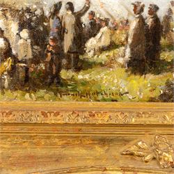 Robert Gemmell Hutchison (British 1855-1936): 'Royal Review Edinburgh - 1905', oil on canvas signed, titled on plaque 36cm x 49cm 
Provenance: private collection, purchased Omell Galleries, London 1990.
Notes: Likely the preparatory oil sketch for the larger version, sold Bonhams Fine Paintings sale, 7th December 2010, Lot 18, for £18,000. 