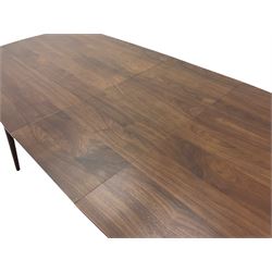 Bentley Designs - Premier collection 'Oslo' contemporary walnut extending dining table and six chairs upholstered in steel grey fabric. 