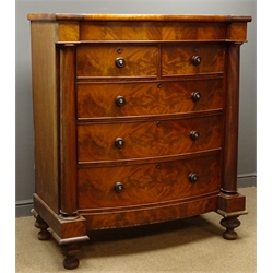  Large Victorian mahogany bow front chest, secret frieze drawer above two short and three long drawers, column pilasters, turned feet, W128cm, H146cm, D60cm  